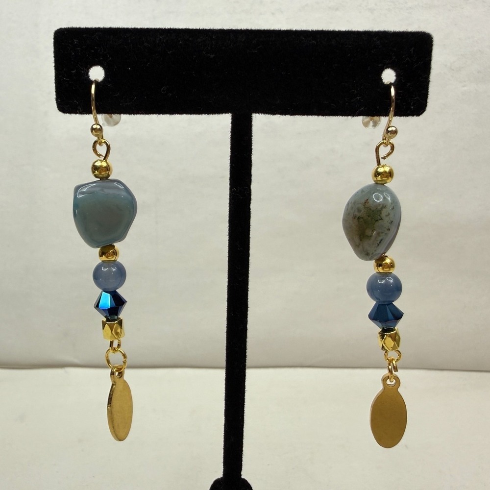 18K Gold Plated Hook Blue Moss Agate Stone Swarovski Crystal Earrings Jewelry